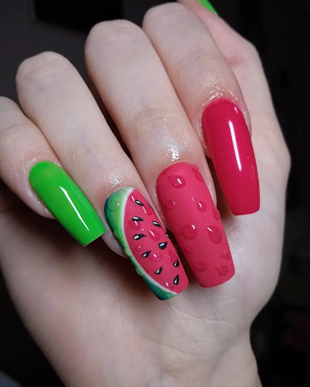 Premium AI Image | Nails Design of Watermelon Slice Shape With Vibrant Pink  and Art Creative Idea Inspiration Salon